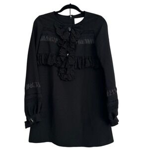 KARTA Black Ruffle Lace Trim Bib Long Sleeve Mini Dress S Goth Prairie Coquette